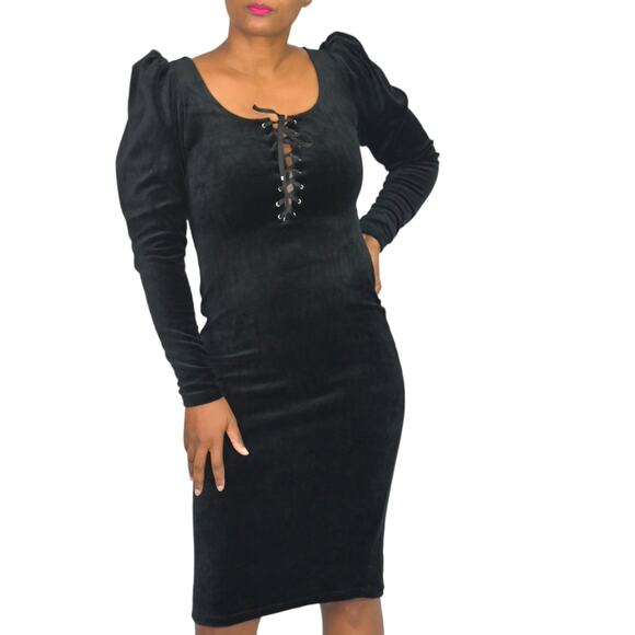 La Femme en Noir Sleepy Hollow Dress Black Wiggle Velour Bodycon Puff Sleeve XS - Picture 13 of 15